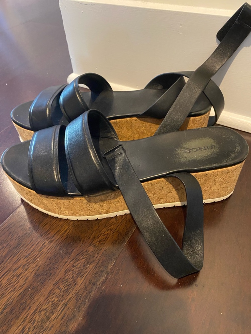 Vince Black Leather Platform Cork-Trim Sandals - Picture 2 of 5